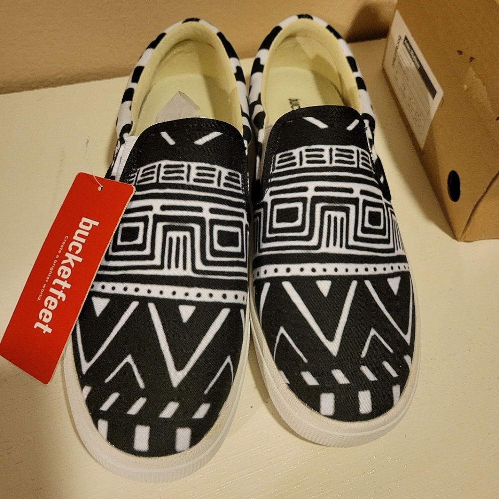 Bucketfeet Black and White Aztec Madness Slip Ons